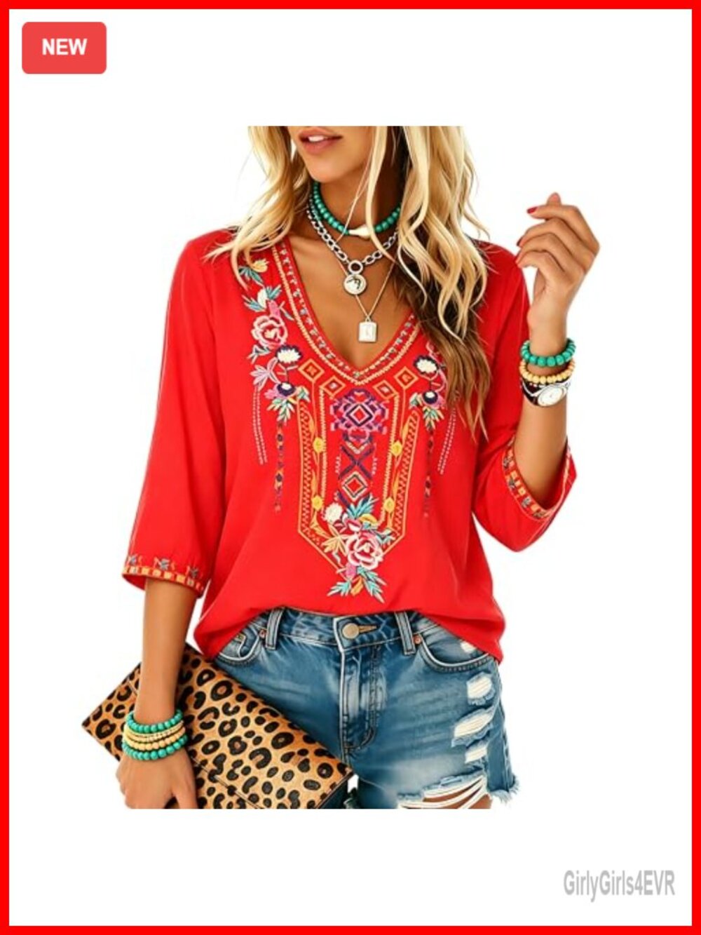 Womens Embroidered Peasant Tunic Top 3/4 Sleeve Floral Rayon Boho Fiesta Shirt